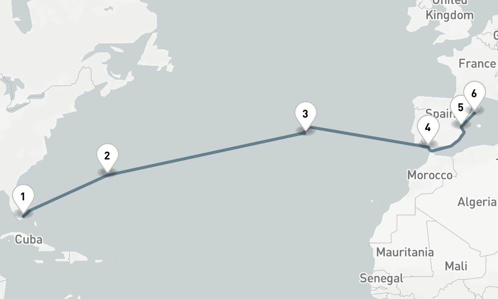 14 days, one-way from Miami to Barcelona 15日間