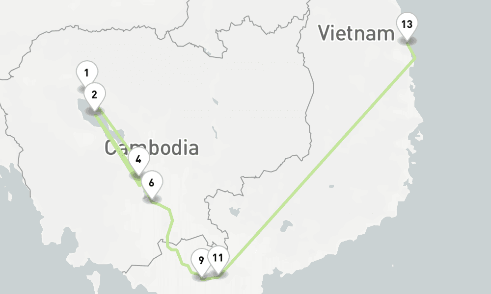 8 nights / 9 days, one-way from Siem Reap to Phu My (Ho Chi Minh City / Saigon, Vietnam)