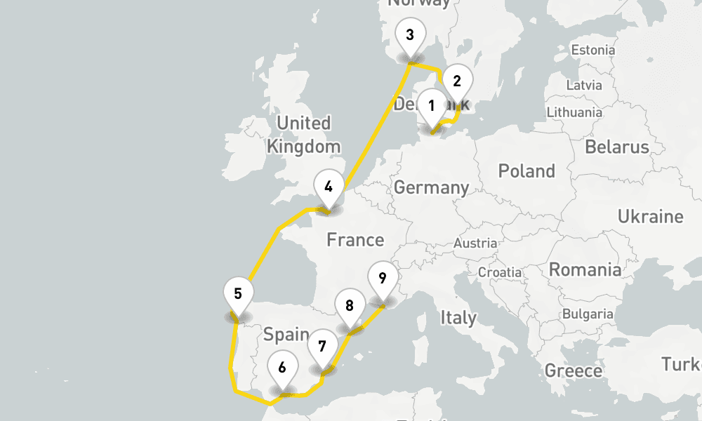 11 days, one-way from Kiel to Marseille 12日間