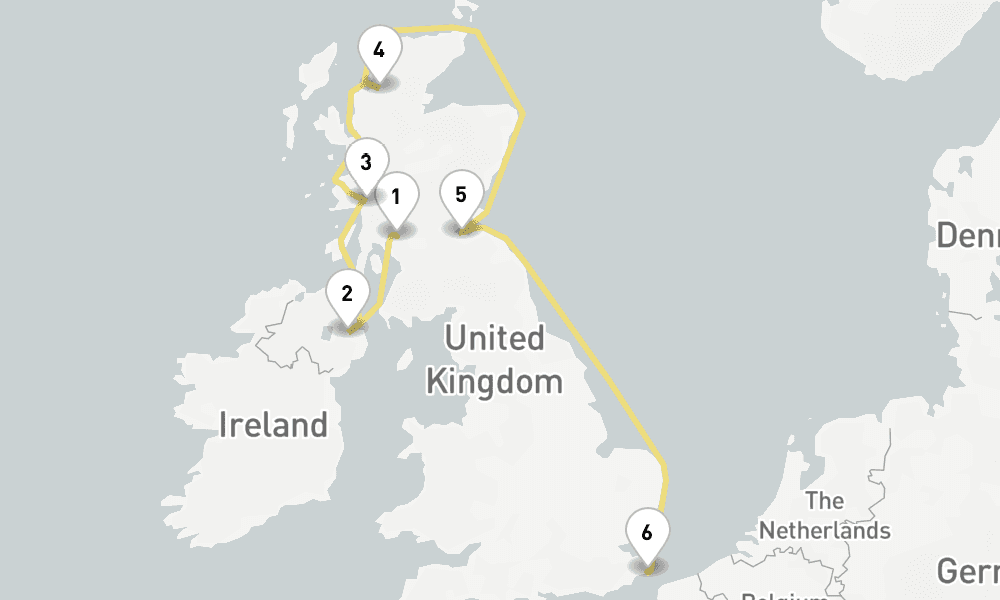 7 days, one-way from Greenock-Glasgow to Dover 8日間