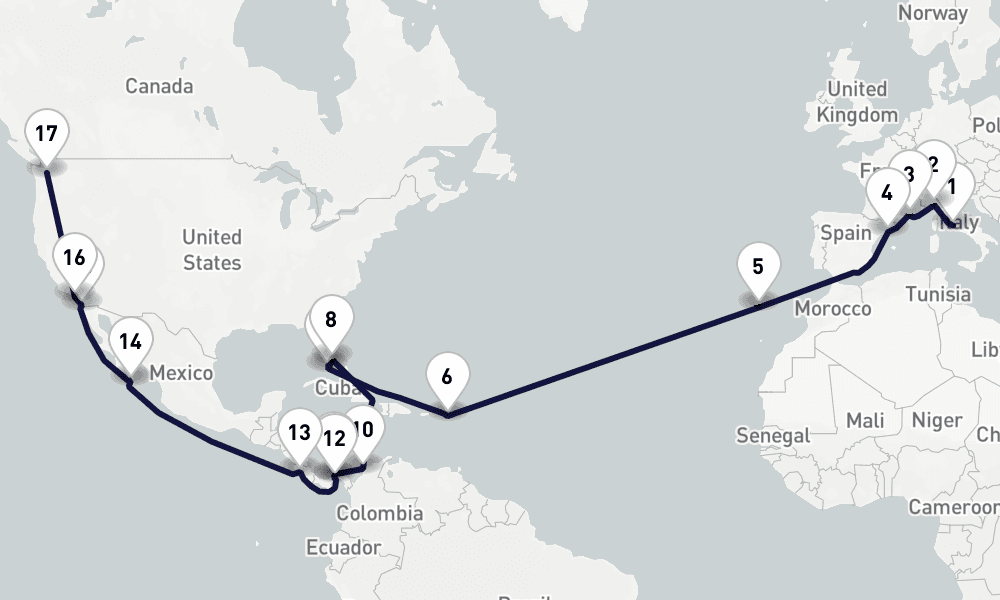 35 days, one-way from Civitavecchia-Rome to Seattle 36日間