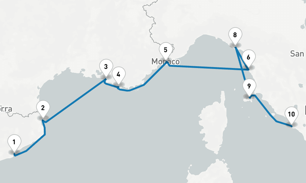 9 days, one-way from Barcelona to Civitavecchia-Rome 10日間