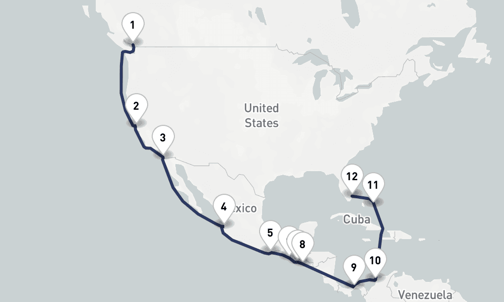 21 days, one-way from Vancouver to Fort Lauderdale 22日間