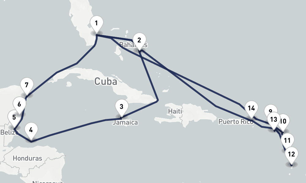 21 days, round-trip Western Eastern Caribbean Mexico Leeward Islands 22日間