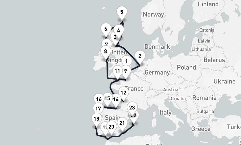 25 days, one-way from London-Tilbury to Barcelona 26日間