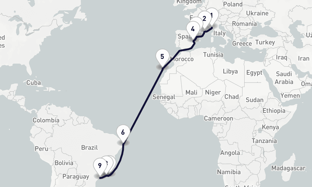 18 days, one-way from Genoa to Santos 19日間