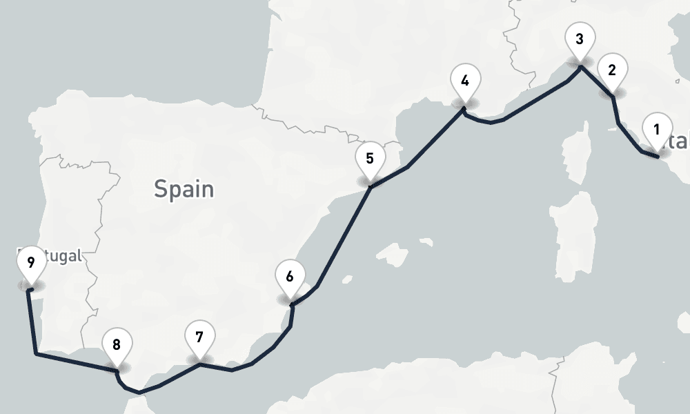 10 days, one-way from Civitavecchia-Rome to Lisbon 11日間