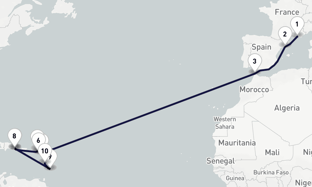 19 days, one-way from Marseille to Fort-de-France 20日間
