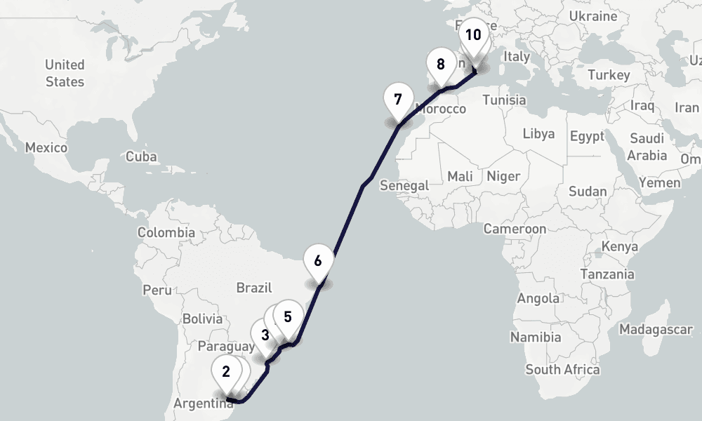 20 days, one-way from Montevideo to Barcelona 21日間
