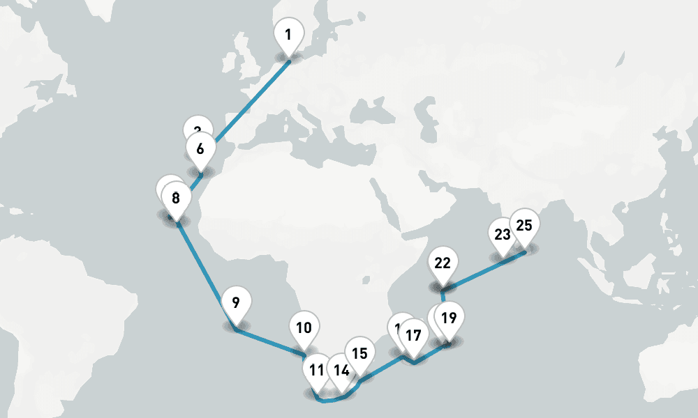 55 days, one-way from Hamburg to Colombo 56日間