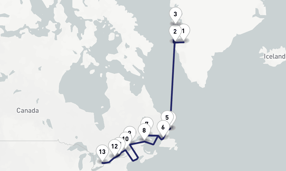 16 days, one-way from Kangerlussuaq to Toronto 17日間