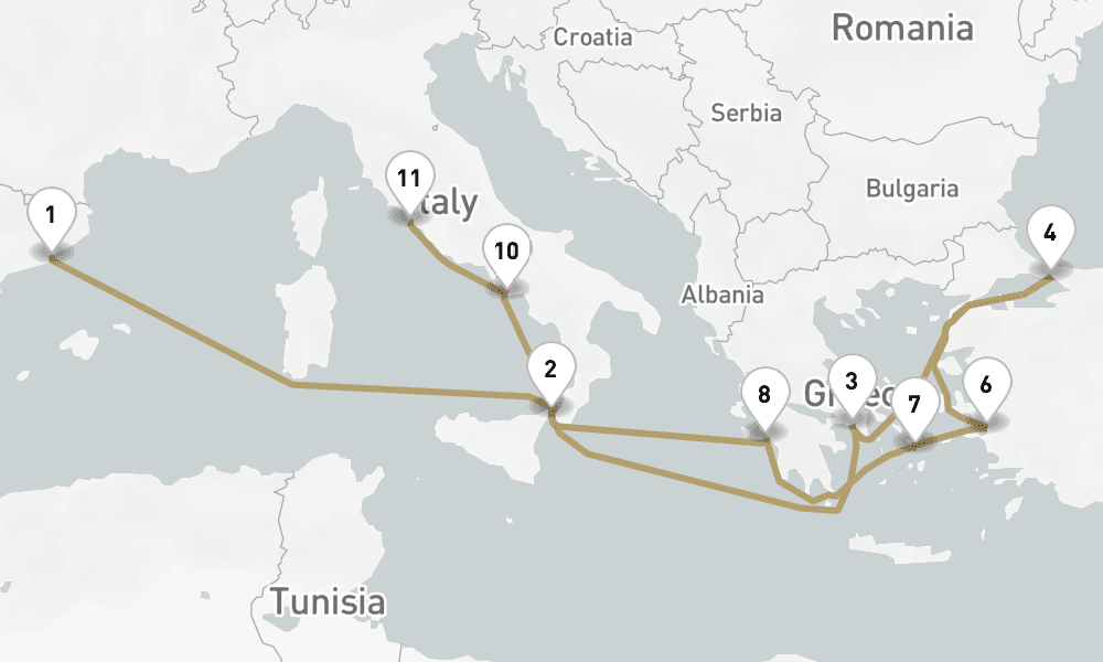 14 days, one-way from Barcelona to Civitavecchia-Rome 15日間