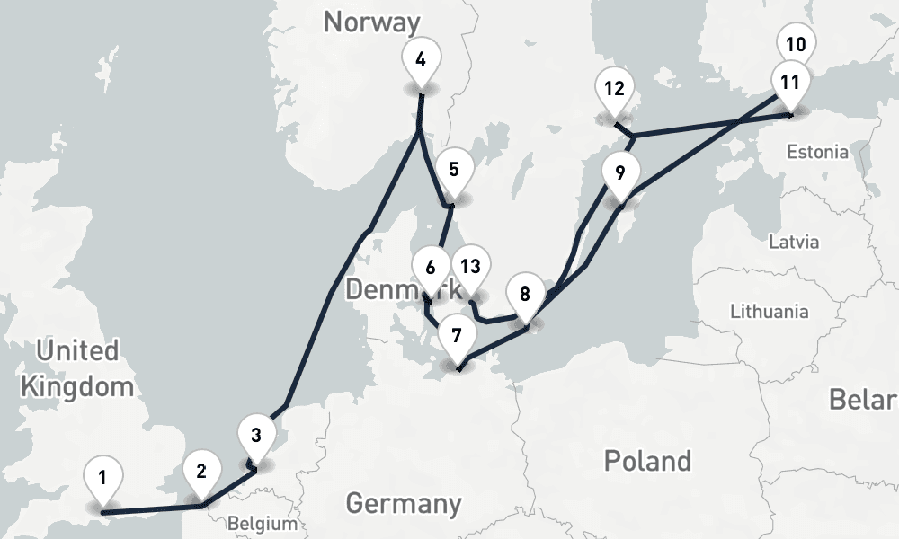 14 days, one-way from Southampton to Copenhagen 15日間