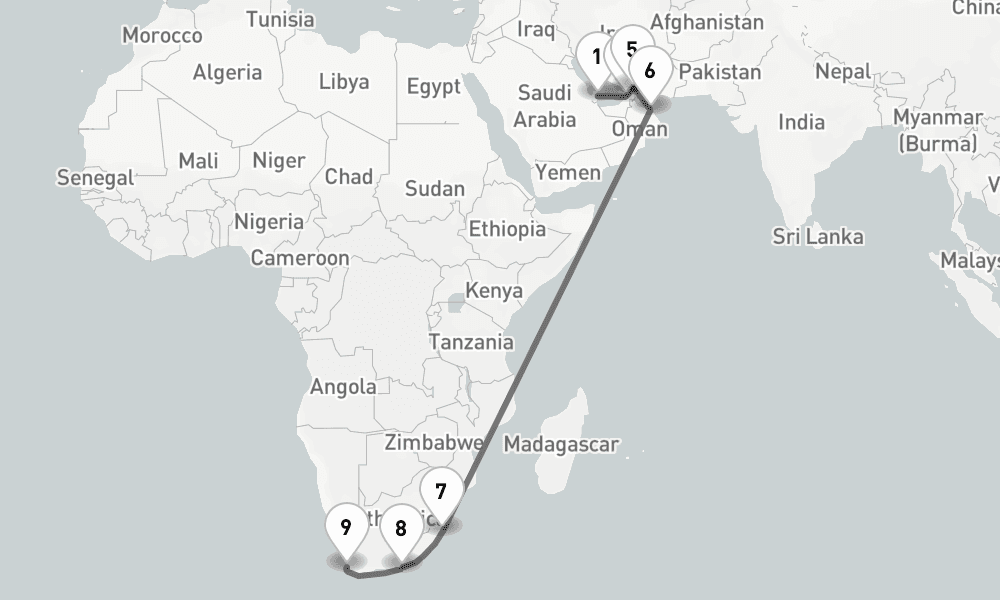 19 days, one-way from Doha Qatar to Cape Town 20日間