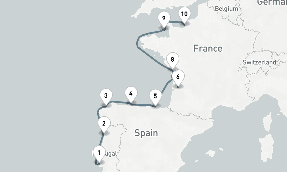 12 days, one-way from Lisbon to Le Havre-Paris 13日間