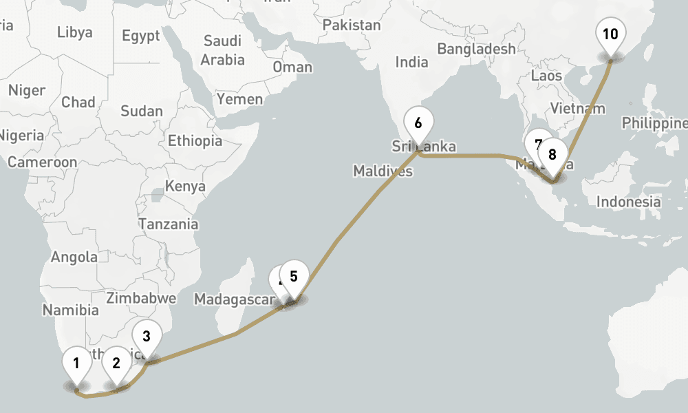27 days, one-way from Cape Town to Hong Kong 28日間