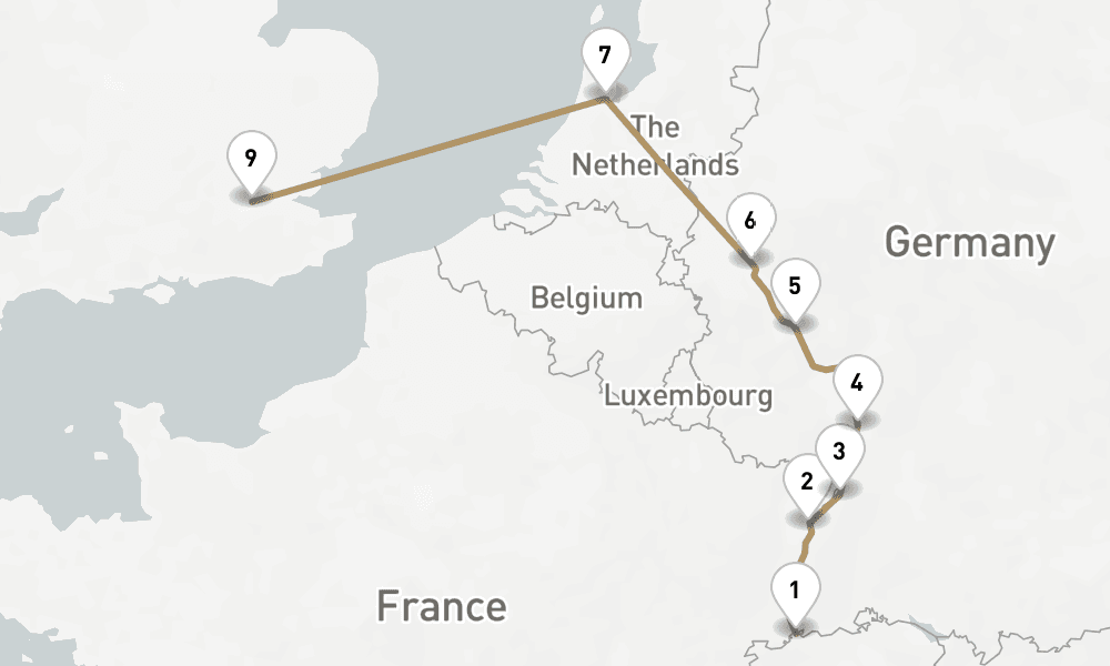 10 days, one-way from Basel to London-Greenwich 11日間