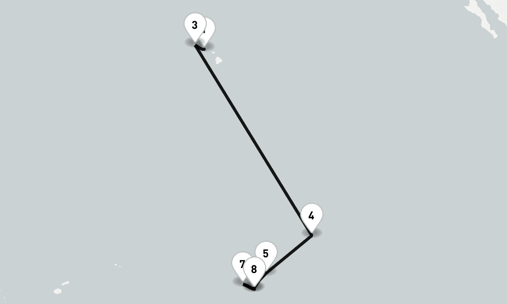 14 nights / 15 days, one-way from Honolulu (Oahu Island, Hawaii) to Papeete (Tahiti Island, French Polynesia)