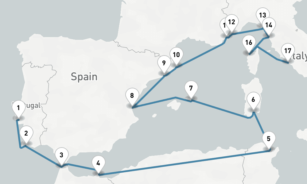 18 days, one-way from Lisbon to Civitavecchia-Rome 19日間