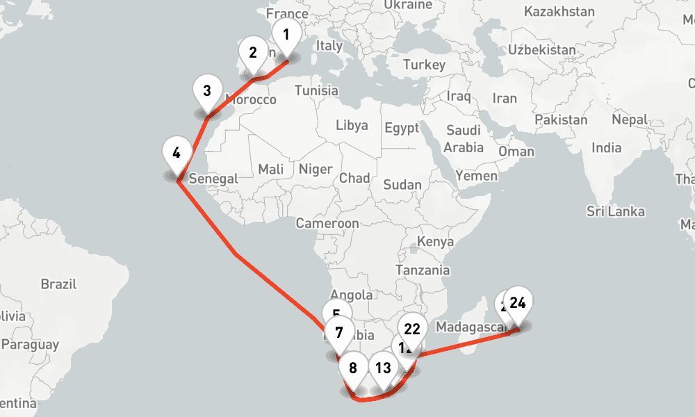 48 days, one-way from Palma de Mallorca to Port Louis 49日間