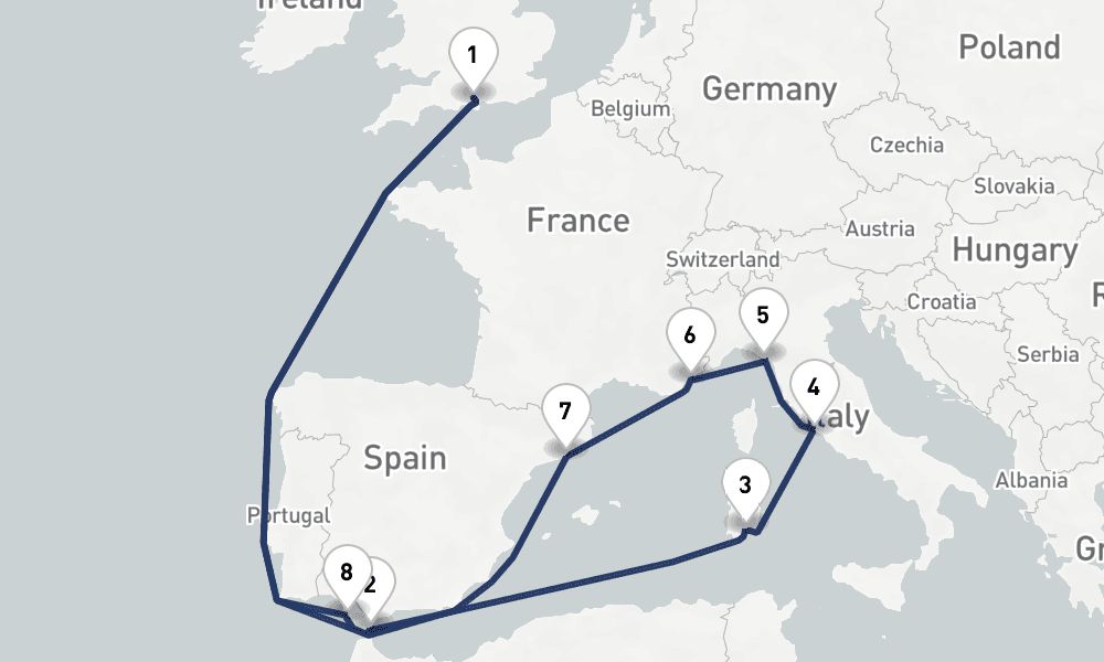 14 days, round-trip Mediterranean, Italy Spain 15日間