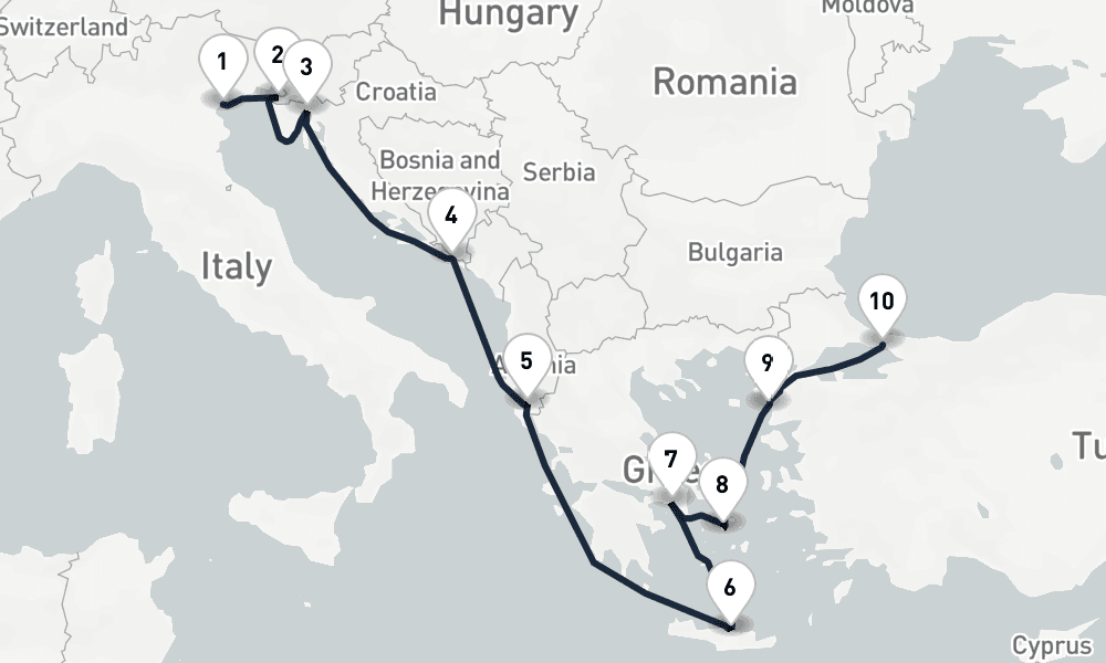 10 days, one-way from Venice to Istanbul 11日間