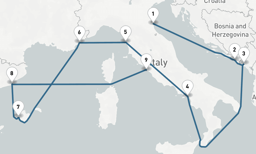 10 days, one-way from Ravenna to Civitavecchia-Rome 11日間