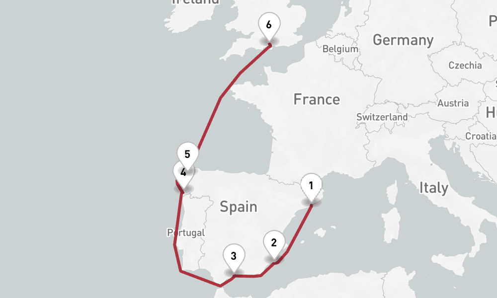 7 days, one-way from Barcelona to Southampton 8日間