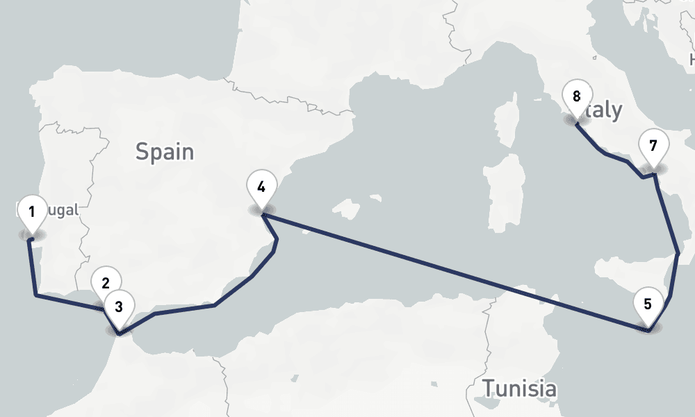 11 days, one-way from Lisbon to Civitavecchia-Rome 12日間