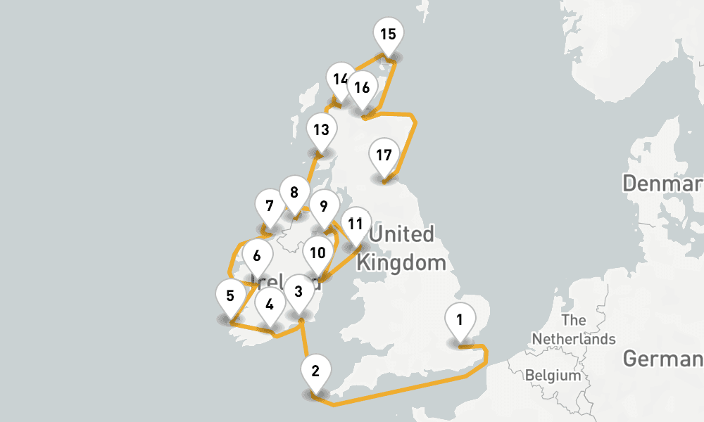 18 days, one-way from London-Tilbury to Leith-Edinburgh 19日間