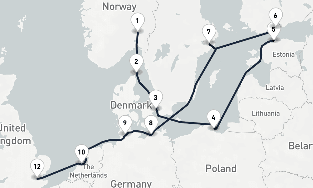 13 days, one-way from Oslo to London-Tilbury 14日間