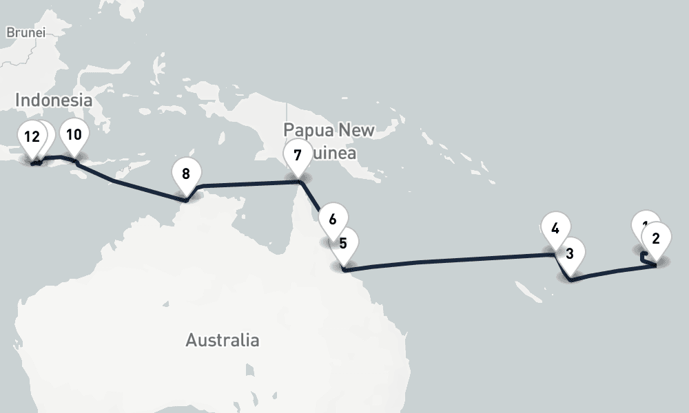 18 days, one-way from Lautoka to Benoa 19日間