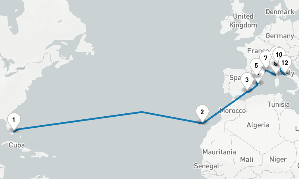 21 days, one-way from Fort Lauderdale to Civitavecchia-Rome 22日間