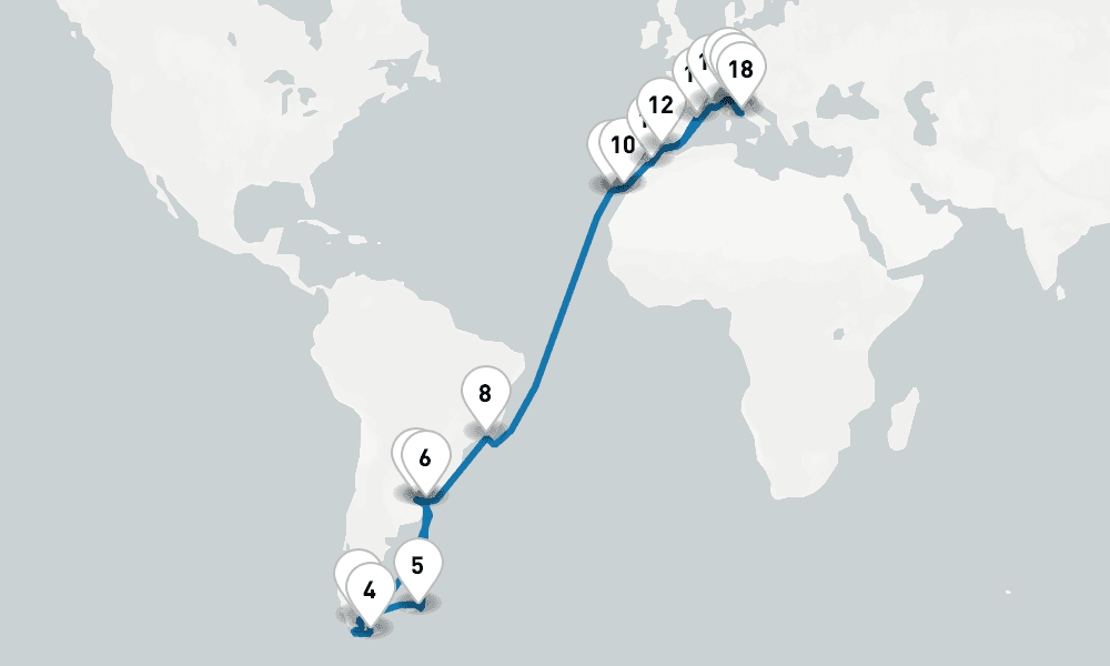42 days, one-way from Buenos Aires to Civitavecchia-Rome 43日間