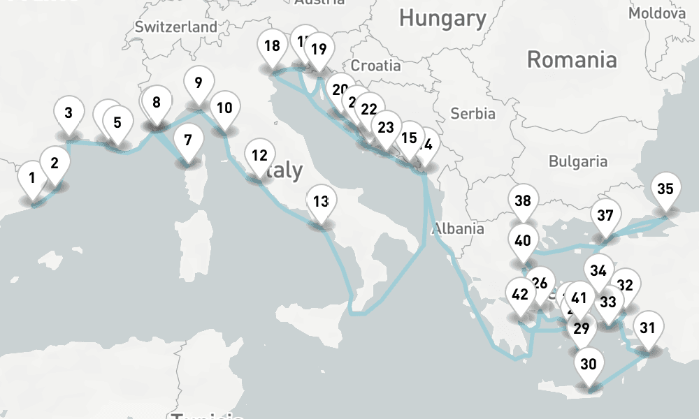44 nights / 45 days, one-way from Barcelona to Piraeus (Athens, Greece)