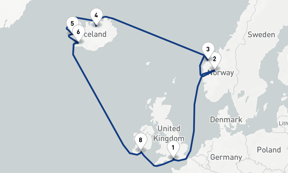 14 nights / 15 days, Southampton (England) Round trip