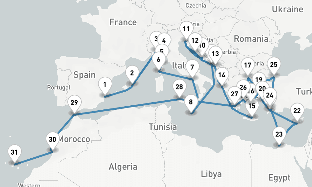 53 nights / 54 days, one-way from Alicante to Santa Cruz de Tenerife (Canary Islands)