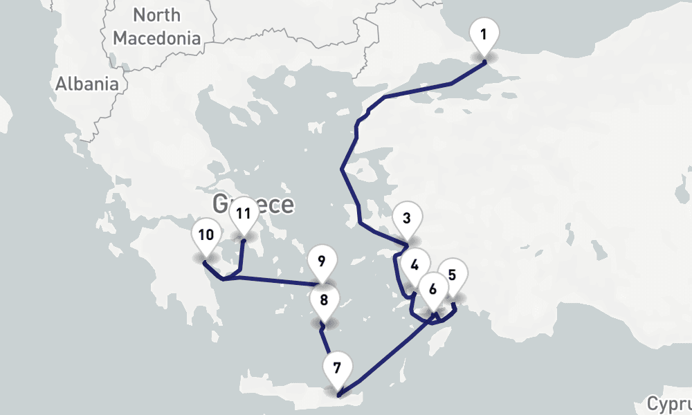 12 nights / 13 days, one-way from Istanbul to Piraeus (Athens, Greece)