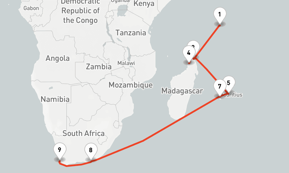 16 nights / 17 days, one-way from Mahe Island (Victoria, Seychelles) to Cape Town