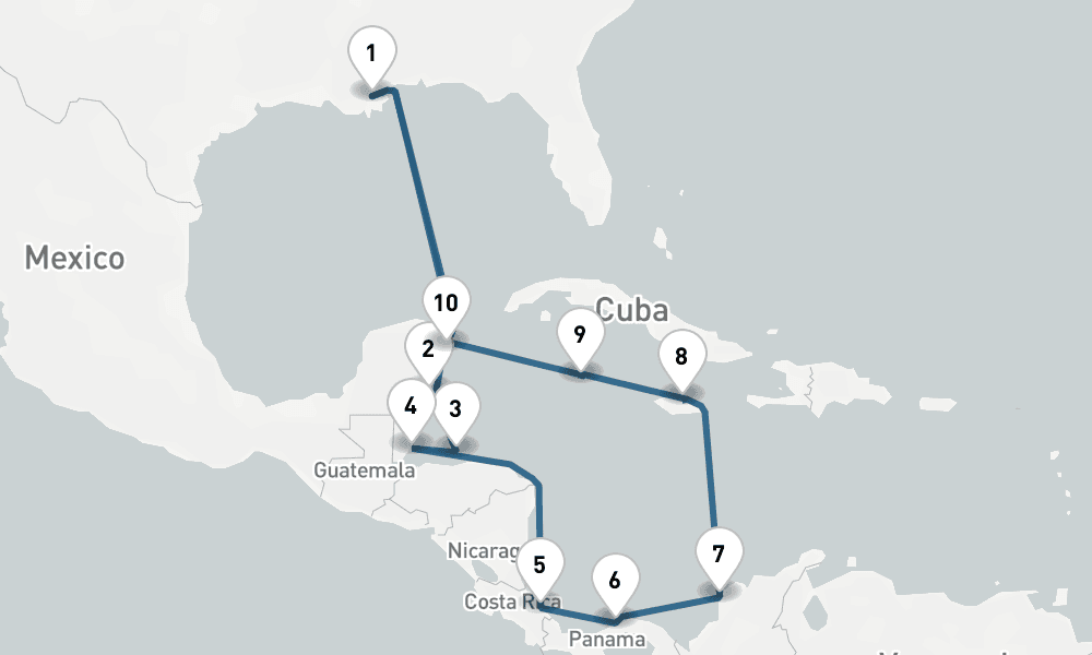 14 days, round-trip Caribbean Round-trip New Orleans Harvest Caye, Cozumel Roatan 15日間