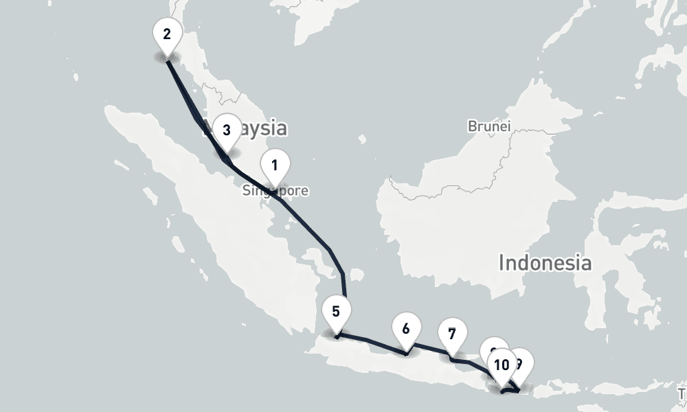 12 days, one-way from Singapore to Benoa 13日間