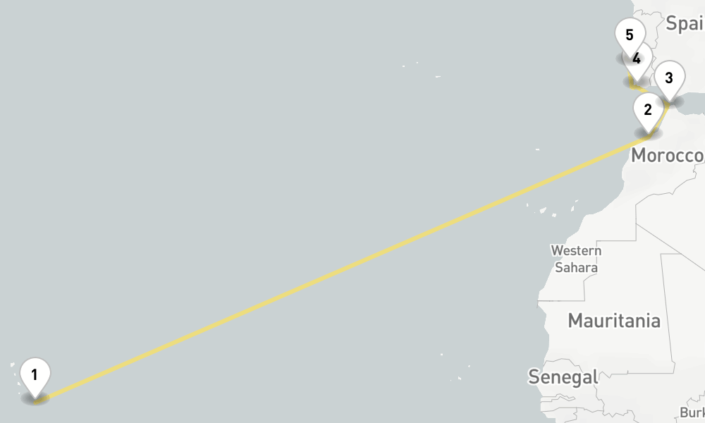 13 days, one-way from Bridgetown to Lisbon 14日間