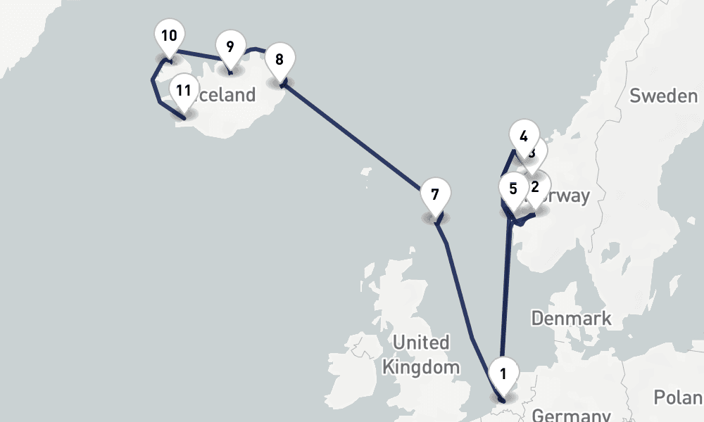 14 days, one-way from Rotterdam to Reykjavik 15日間