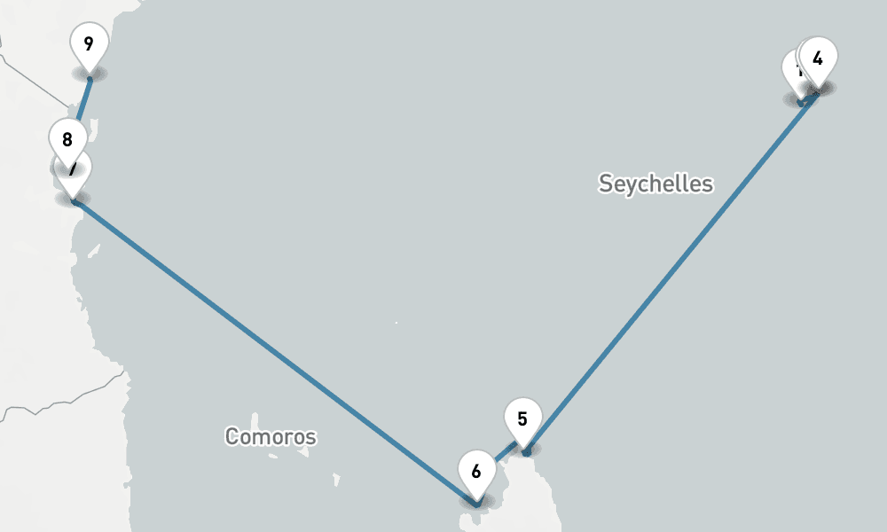 9 days, one-way from Mahe Island Seychelles to Mombasa 10日間