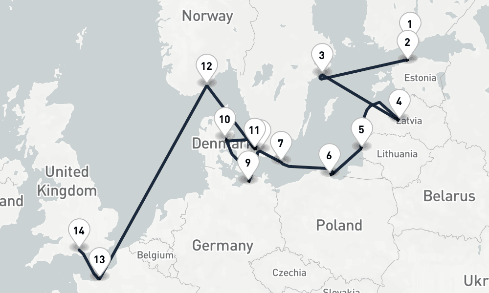 14 days, one-way from Helsinki to Southampton 15日間