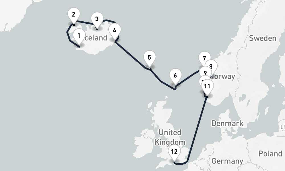 12 days, one-way from Reykjavik to Southampton 13日間