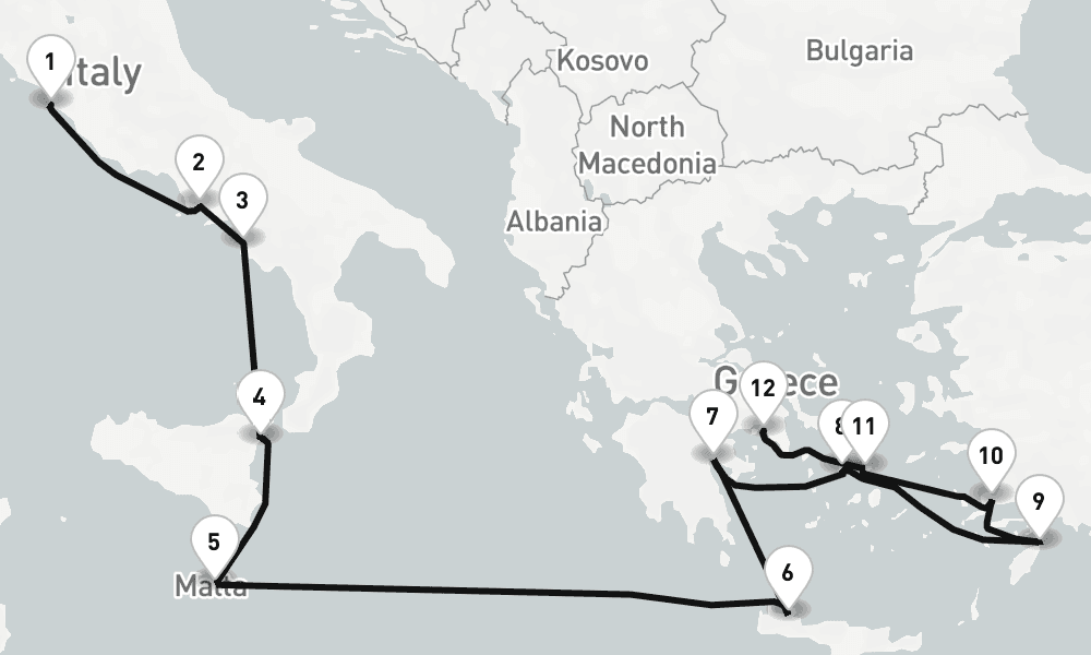 12 days, one-way from Civitavecchia-Rome to Piraeus-Athens 13日間
