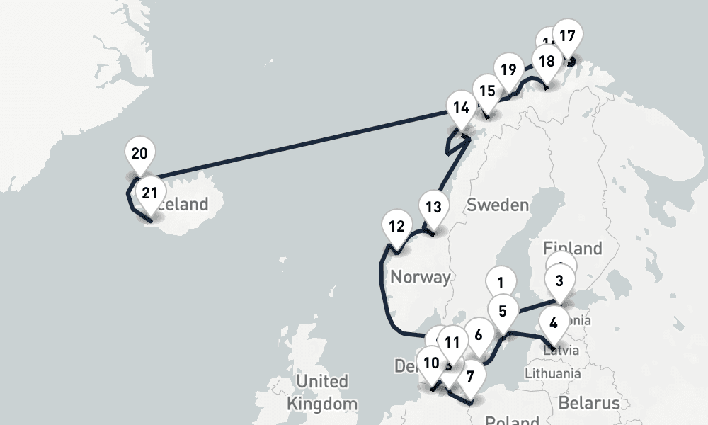 24 days, one-way from Stockholm to Reykjavik 25日間