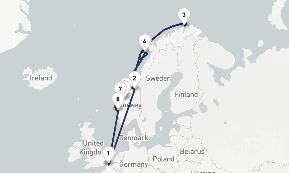 14 days, round-trip 14 Nuit Soleil de Minuit et fjords de Norvegravege 15日間