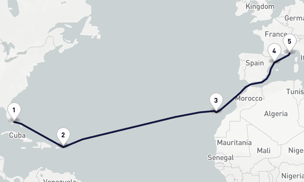 14 days, one-way from Miami to Cannes 15日間